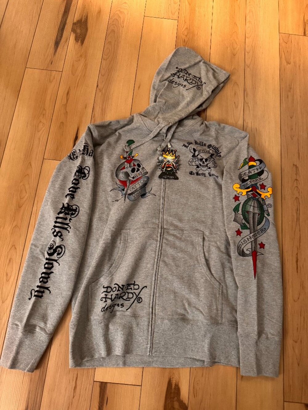 Authentic "Don Ed Hardy Designs" heather grey full-zip graphic hoodie XXL